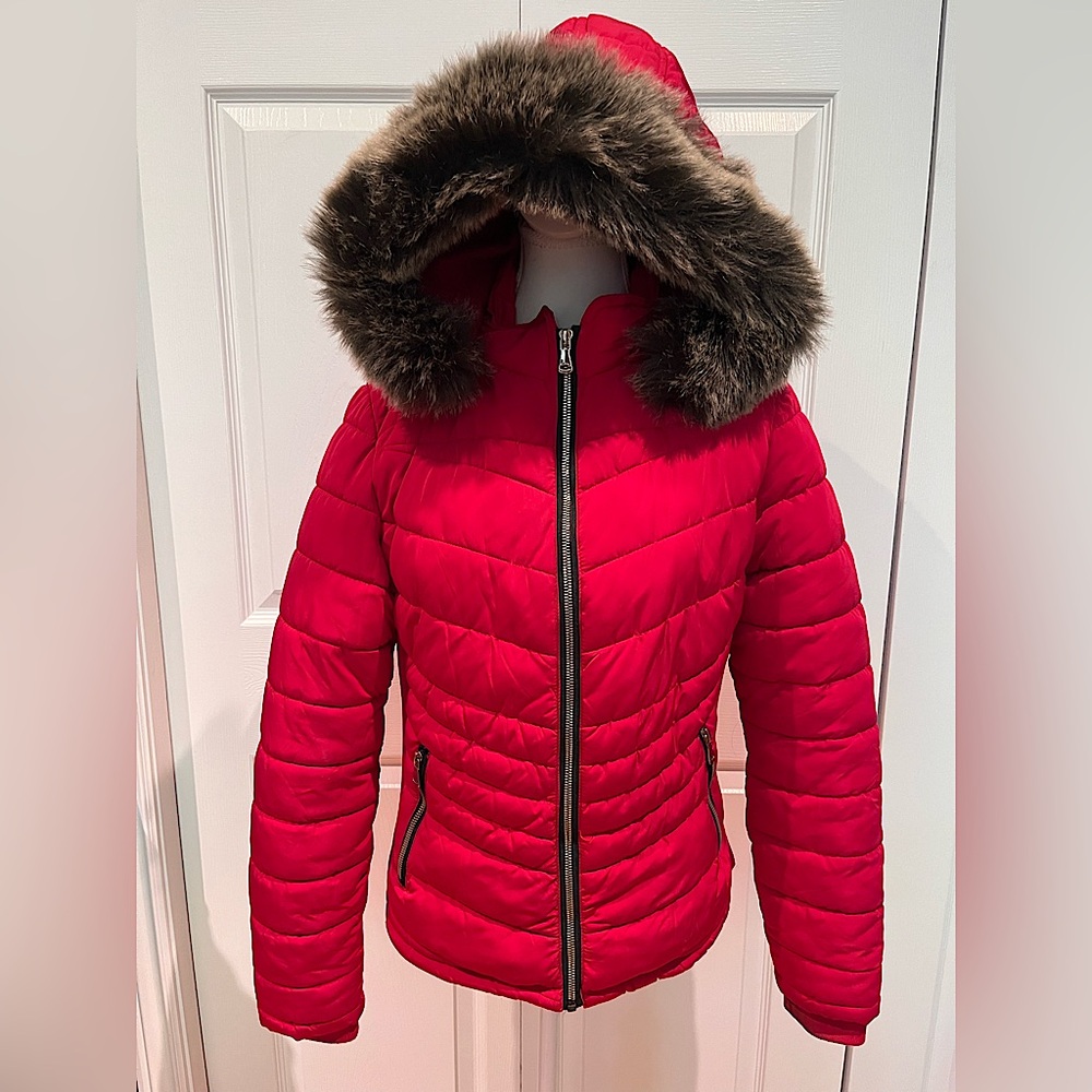 YMI Red Quilted Jacket with Faux Fur Removable Hood